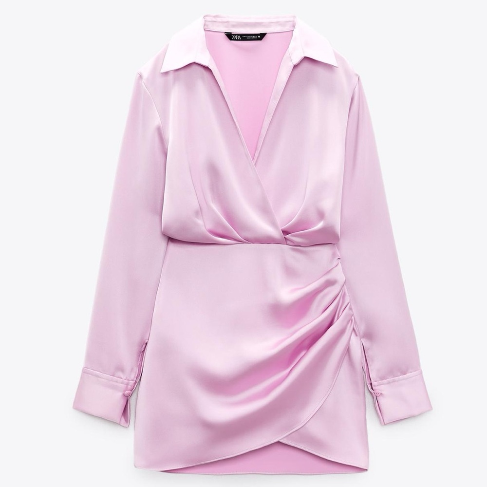 NWT Zara Short Satin Effect Dress - Pink Silk Draped